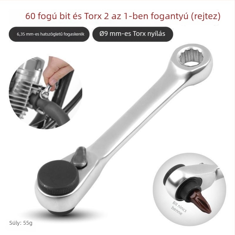Shimon Mini ratchet socket kulcs mágneses bit-tartóval — Cr-V acél, 1 darab, 60 g, Mini Ratchet sorozat