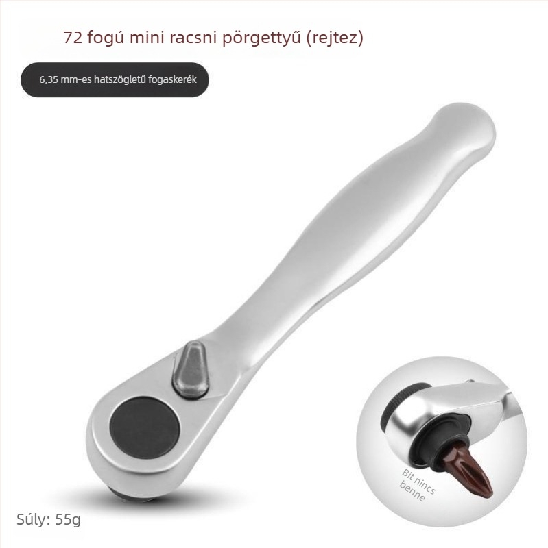 Shimon Mini ratchet socket kulcs mágneses bit-tartóval — Cr-V acél, 1 darab, 60 g, Mini Ratchet sorozat