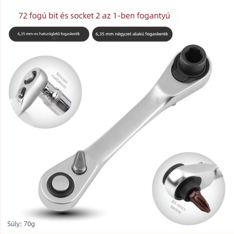 Shimon Mini ratchet socket kulcs mágneses bit-tartóval — Cr-V acél, 1 darab, 60 g, Mini Ratchet sorozat