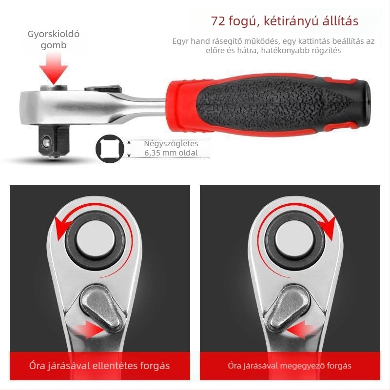 Shimon Mini ratchet socket kulcs mágneses bit-tartóval — Cr-V acél, 1 darab, 60 g, Mini Ratchet sorozat