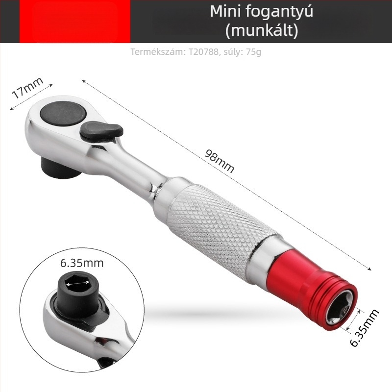 Shimon Mini ratchet socket kulcs mágneses bit-tartóval — Cr-V acél, 1 darab, 60 g, Mini Ratchet sorozat