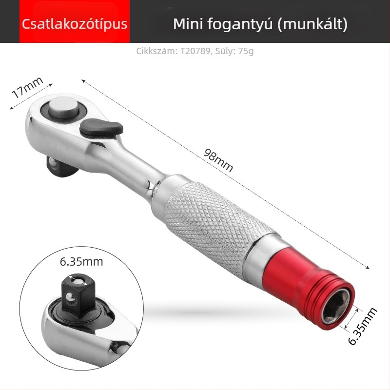 Shimon Mini ratchet socket kulcs mágneses bit-tartóval — Cr-V acél, 1 darab, 60 g, Mini Ratchet sorozat