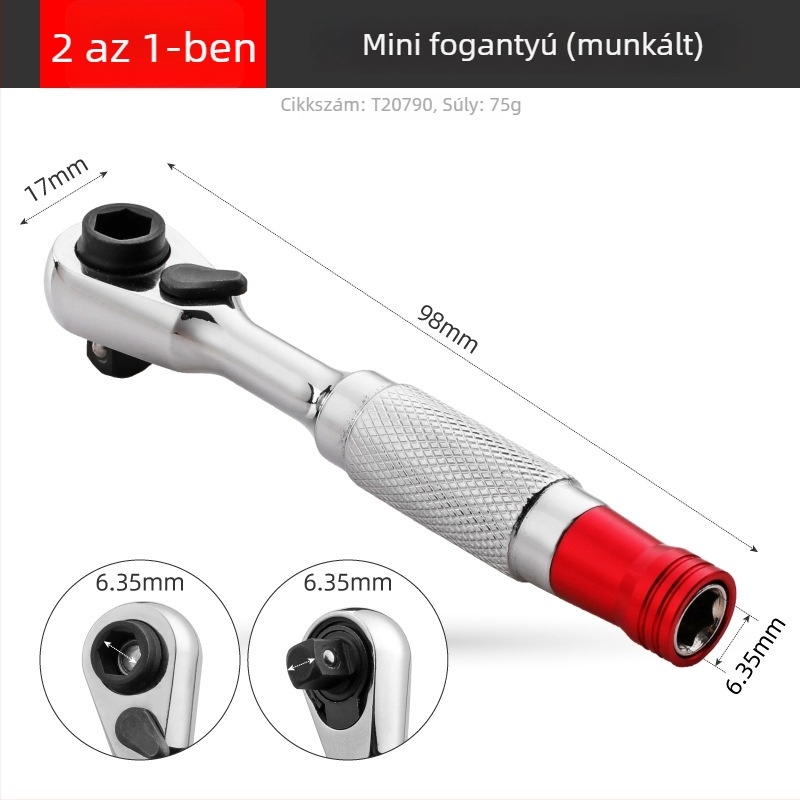 Shimon Mini ratchet socket kulcs mágneses bit-tartóval — Cr-V acél, 1 darab, 60 g, Mini Ratchet sorozat