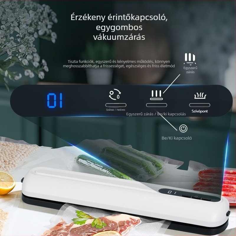Vezeték nélküli vákuumzáró készülék otthoni használatra – száraz és nedves használat, frissesség megőrzése, modell ZKFK-005, ABS ház, beépített akkumulátor, 11.1V, 90W, kapacitás 500 mL alatt