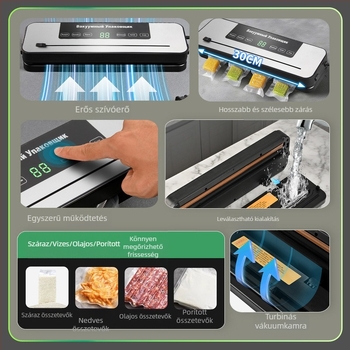 Háztartási vákuumzáró gép vákuum és záró funkcióval, 120W, 100-240V, ABS test, kapacitás 500–1000 ml