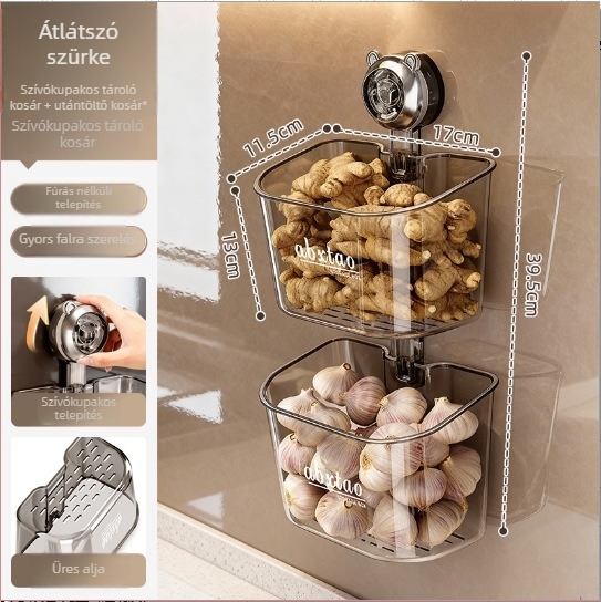 ABS falra szerelhető tároló hagymához, gyömbérhez és fokhagymához — konyhai rendező