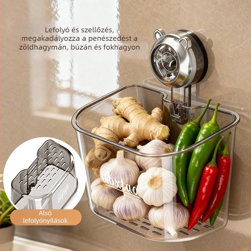 ABS falra szerelhető tároló hagymához, gyömbérhez és fokhagymához — konyhai rendező