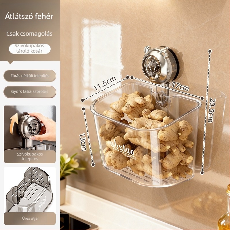 ABS falra szerelhető tároló hagymához, gyömbérhez és fokhagymához — konyhai rendező