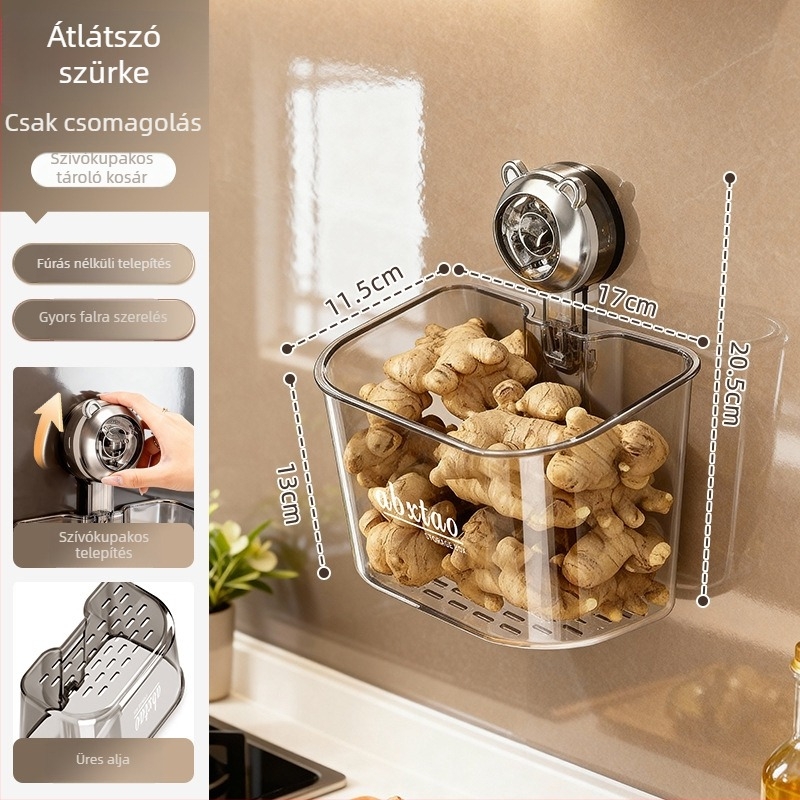 ABS falra szerelhető tároló hagymához, gyömbérhez és fokhagymához — konyhai rendező