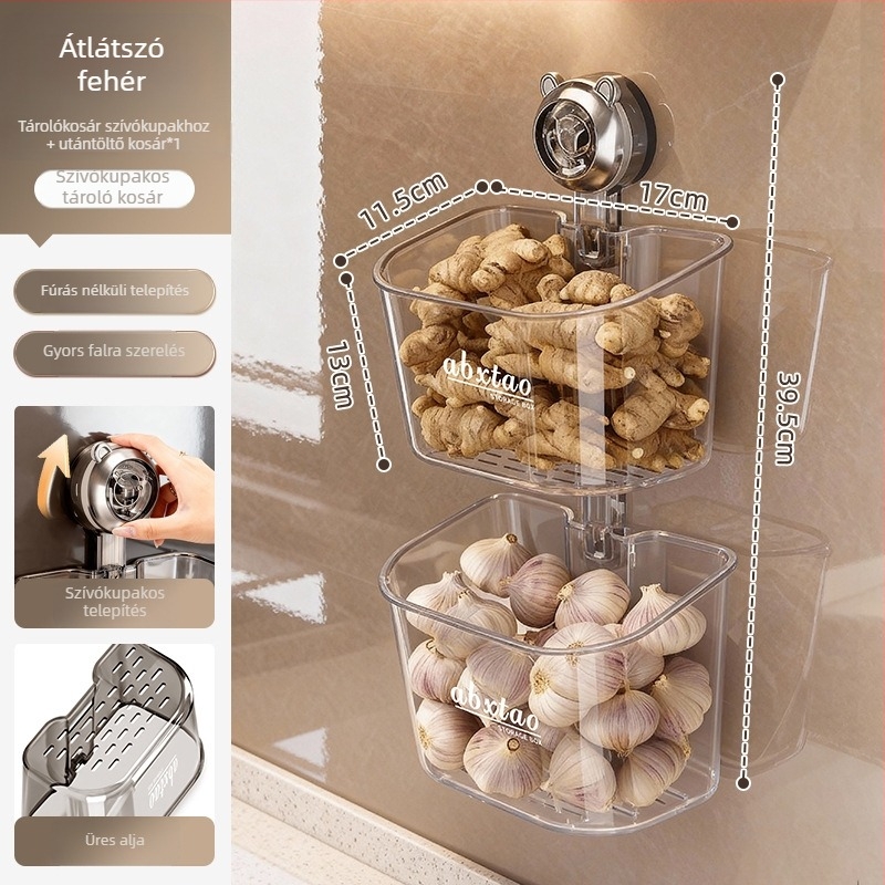 ABS falra szerelhető tároló hagymához, gyömbérhez és fokhagymához — konyhai rendező