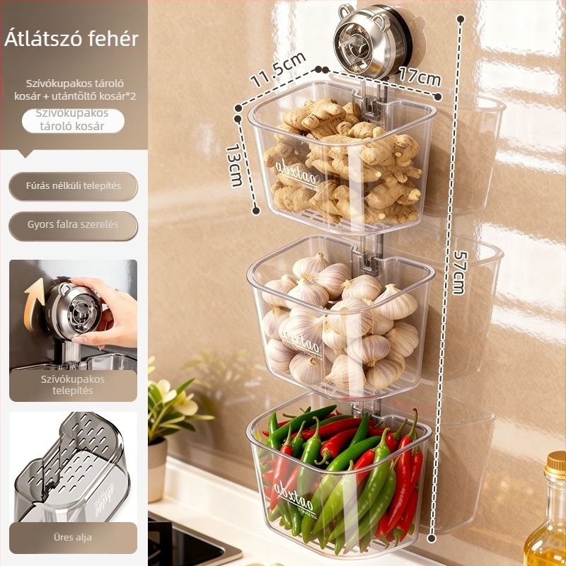 ABS falra szerelhető tároló hagymához, gyömbérhez és fokhagymához — konyhai rendező