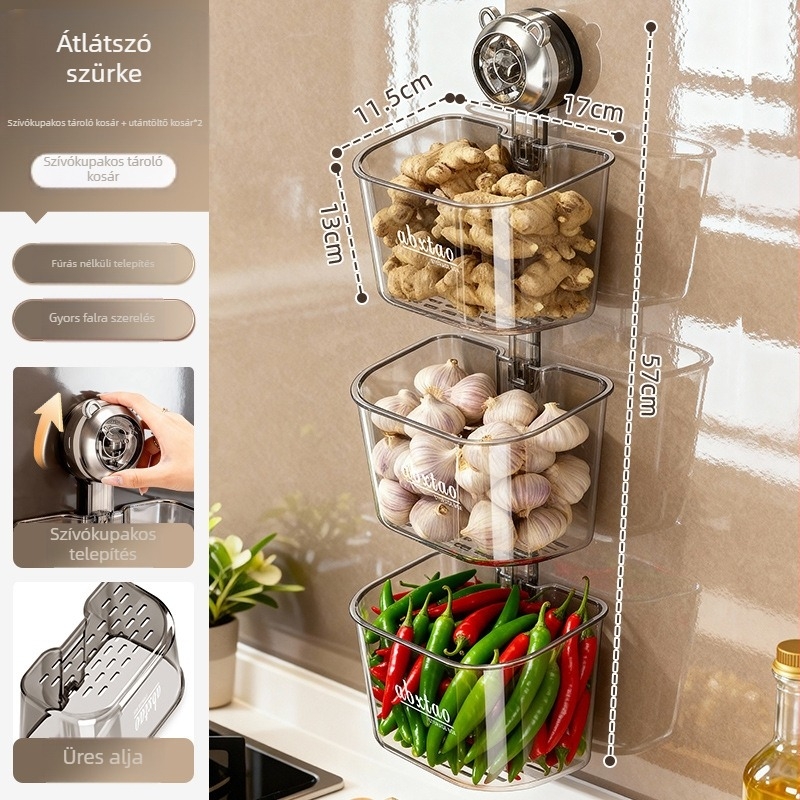 ABS falra szerelhető tároló hagymához, gyömbérhez és fokhagymához — konyhai rendező