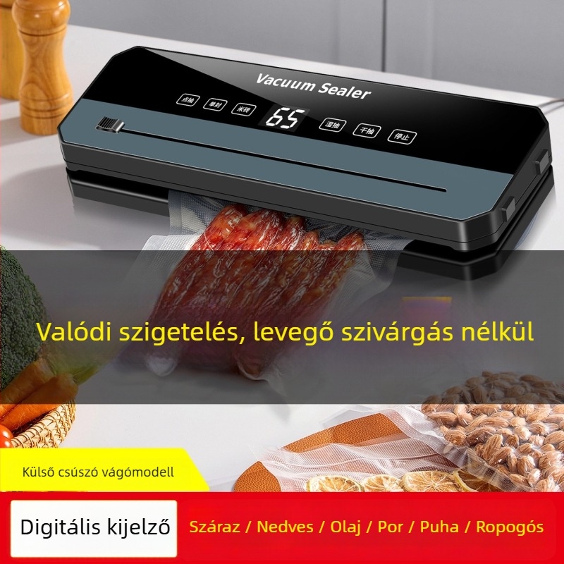 Otthoni használatra tervezett vákuumzáró gép zárási funkcióval (Vákuum és zárás, 120W, 220V, ABS burkolat, zacskók max. 500 ml)