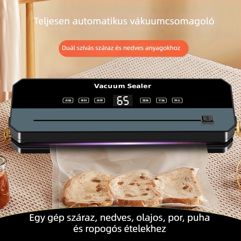 Otthoni használatra tervezett vákuumzáró gép zárási funkcióval (Vákuum és zárás, 120W, 220V, ABS burkolat, zacskók max. 500 ml)