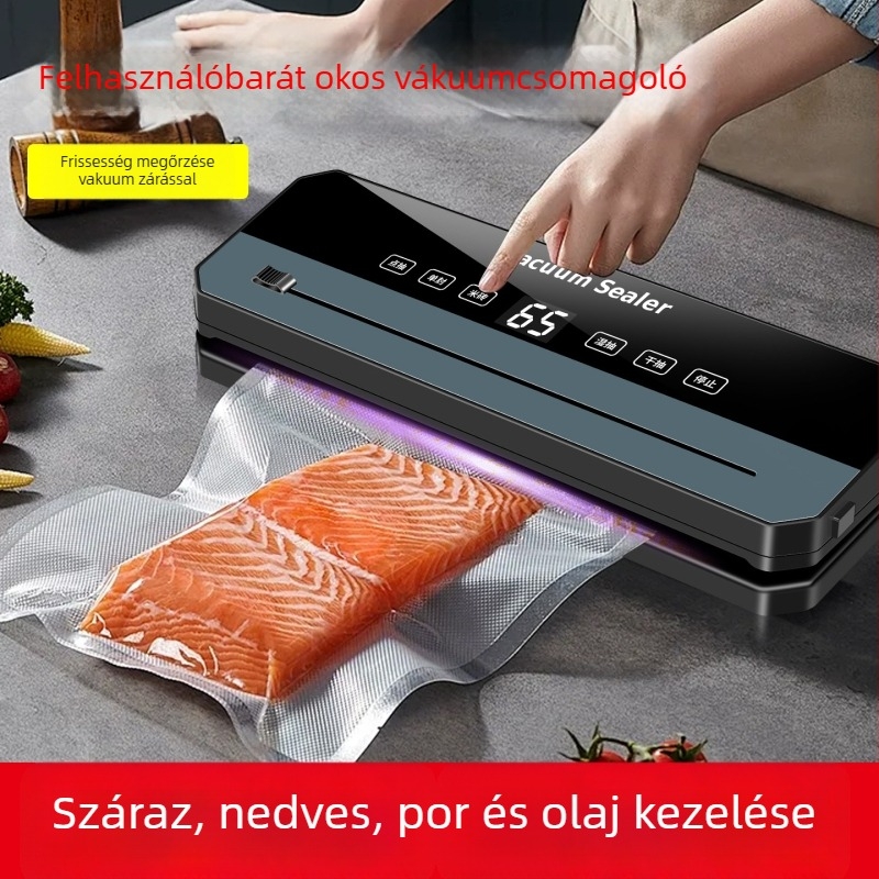 Otthoni használatra tervezett vákuumzáró gép zárási funkcióval (Vákuum és zárás, 120W, 220V, ABS burkolat, zacskók max. 500 ml)