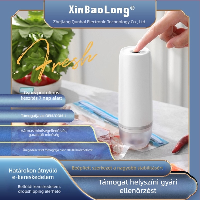 Kézi vákuumpumpa élelmiszer-tároló zacskók zárásához, USB töltés, 5W, 5V, ABS ház, modell QH-H08, kapacitás 500 ml alatt