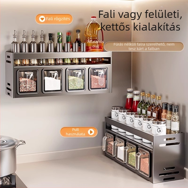 Konyhai falra szerelhető tárolópolc olaj, só, szósz és ecet számára; többfunkciós, telepítés nélkül; Space-alumínium konstrukció; egyszerű és modern stílus