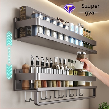 Falra szerelhető fűszerraktár szénacélból, többfunkciós, fúrás nélküli szerelés
