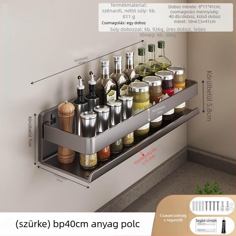 Falra szerelhető fűszerraktár szénacélból, többfunkciós, fúrás nélküli szerelés