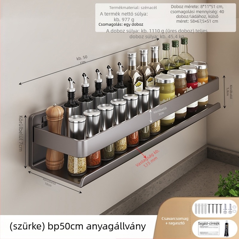 Falra szerelhető fűszerraktár szénacélból, többfunkciós, fúrás nélküli szerelés