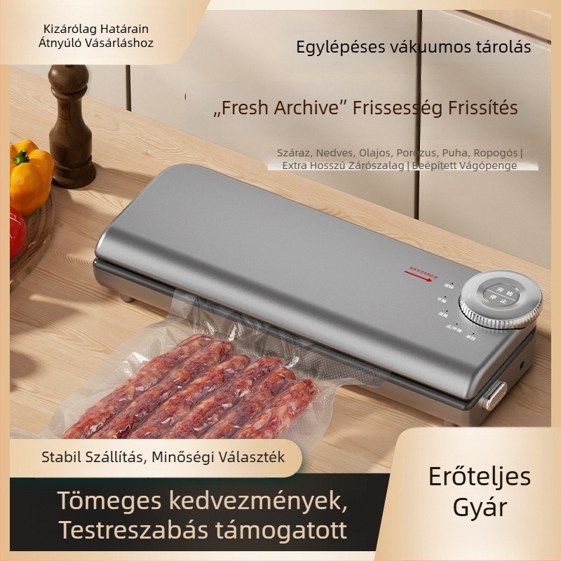 Otthoni használatra készült dupla pumpás vákuumzáró készülék, automatikus tömítés vágóval, 220V, 145W, 50 Hz, ABS műanyag, kapacitás 500 ml alatt
