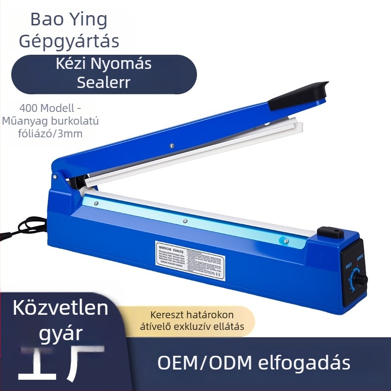 Baoying Machinery 400–típusú kézi műanyag házú záró gép élelmiszerekhez, kézi működésű, automata nélkül; fólia vastagsága akár 20 vezeték oldalanként; hőmérséklet-tartomány 1–8