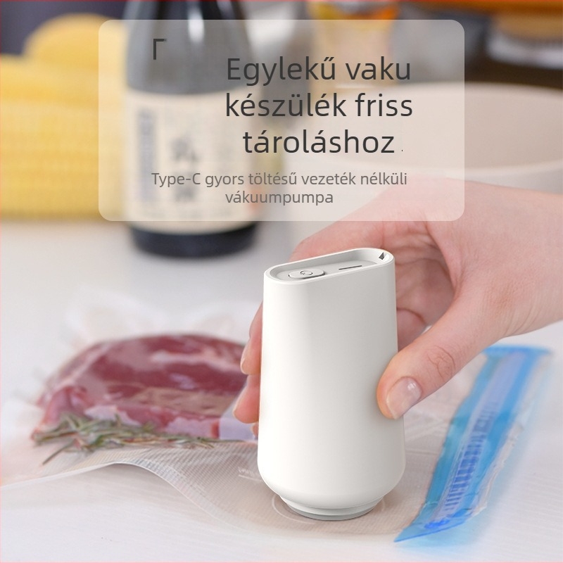 Élelmiszer vákuumozó gép, hordozható, újratölthető, 5V 4W, ABS ház, kapacitás 500–1000 ml, tömeg 120 g
