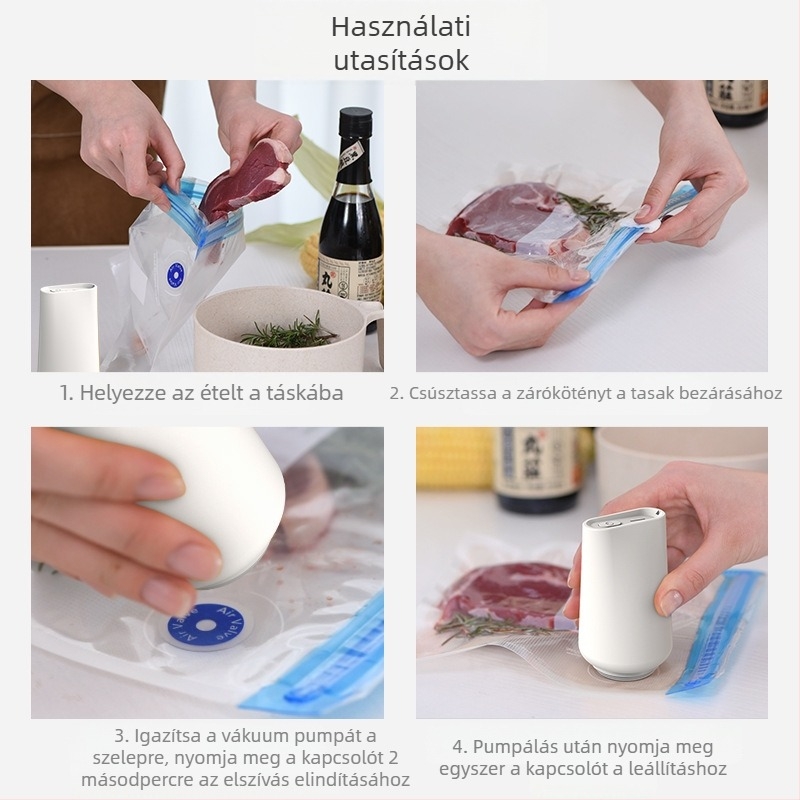 Élelmiszer vákuumozó gép, hordozható, újratölthető, 5V 4W, ABS ház, kapacitás 500–1000 ml, tömeg 120 g