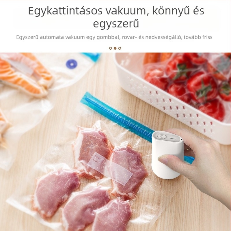 Élelmiszer vákuumozó gép, hordozható, újratölthető, 5V 4W, ABS ház, kapacitás 500–1000 ml, tömeg 120 g