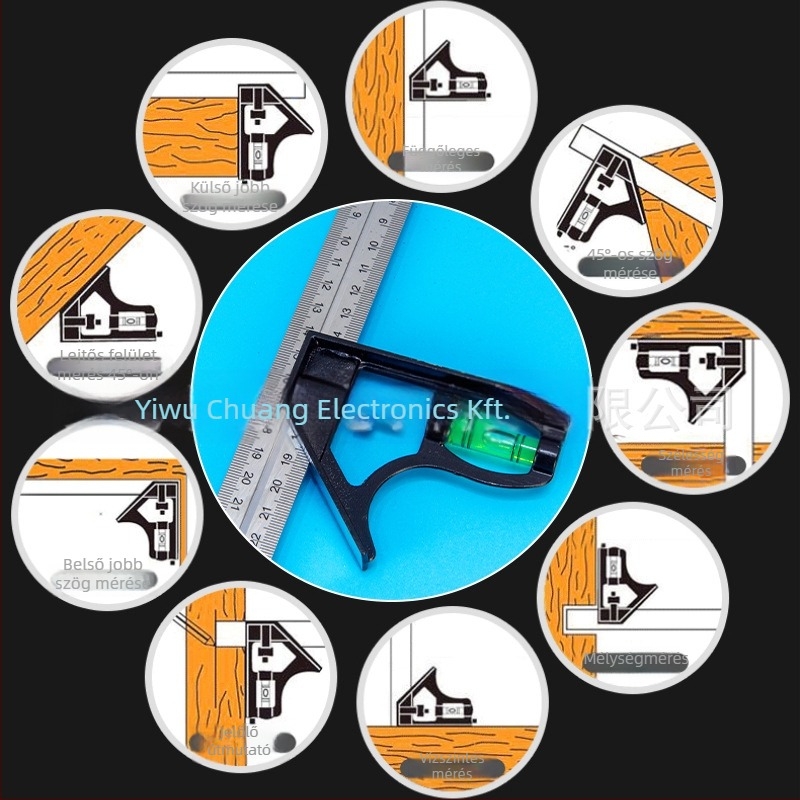 Rozsdamentes acélból készült 90°-os kombinált négyzet az asztalosiparhoz – többfunkciós horizontális szögmérő, kiváló precizitás