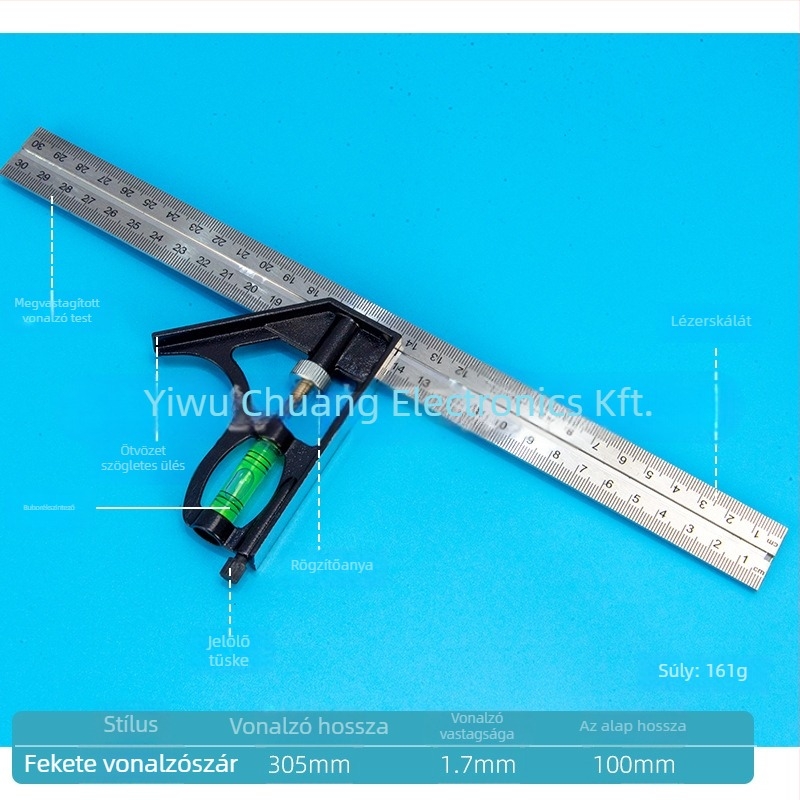 Rozsdamentes acélból készült 90°-os kombinált négyzet az asztalosiparhoz – többfunkciós horizontális szögmérő, kiváló precizitás
