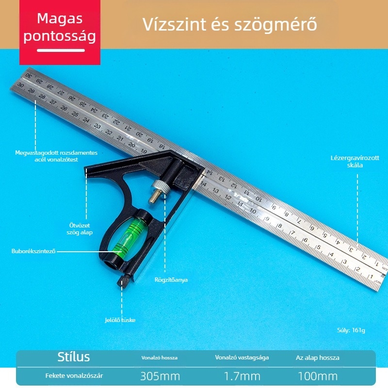 Rozsdamentes acélból készült 90°-os kombinált négyzet az asztalosiparhoz – többfunkciós horizontális szögmérő, kiváló precizitás