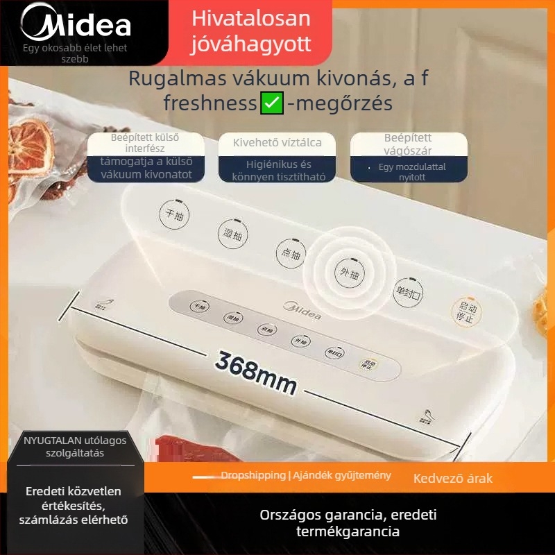Midea MJ-KF21 Élelmiszer-frissességét megőrző vákuumgép – Otthoni használatra, élelmiszer lezárt csomagolása, műanyag csomagolás; Paraméterek: Márka Midea; Teljesítmény 1; Frekvencia 1; Eredet: Egyéb