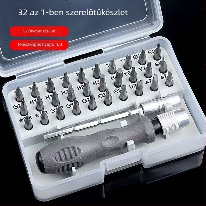 32 az 1-ben multifunkcionális kéziszerszám csavarhúzó készlet mobiltelefonokhoz és számítógépekhez - króm-vanádium acél, mágneses bitok, 3.5 mm fej