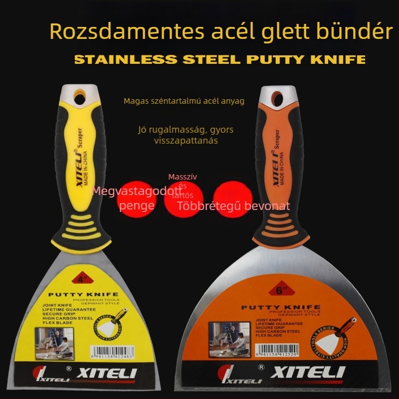 Glettkés autólemezhez és falakhoz – penge 55# acélból, nyél TPR műanyagból, két nyélváltozat, Hitley márka, dekorálásra és tisztításra