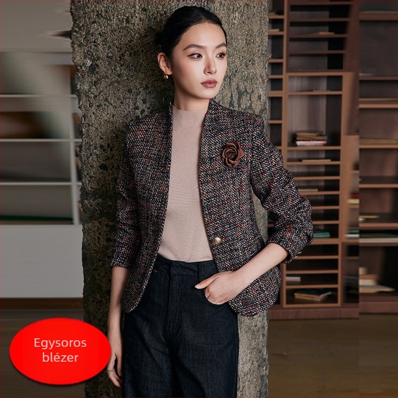 Női rövid gyapjú kabát, gallér nélkül, egygombos záródás, hosszú ujjú, ingázó stílus, őszi 2024