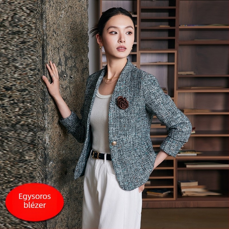 Női rövid gyapjú kabát, gallér nélkül, egygombos záródás, hosszú ujjú, ingázó stílus, őszi 2024