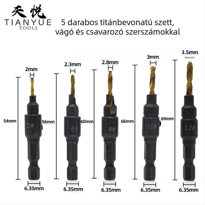 Faipari kúpos fúrókészlet, 5 darab, hatszögletű nyél, integrált élező