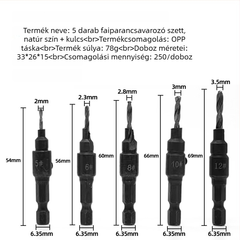 Faipari kúpos fúrókészlet, 5 darab, hatszögletű nyél, integrált élező