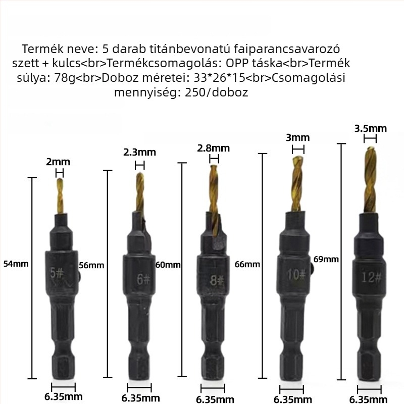 Faipari kúpos fúrókészlet, 5 darab, hatszögletű nyél, integrált élező