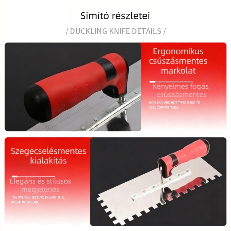 Rozsdamentes acélból készült fogazott glettkanál csempe felrakásához és gletteléshez