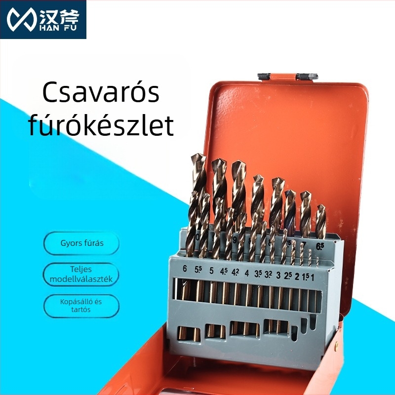 Elektromos fúróhoz készlet: gyorsacél, titán bevonat, egyenes nyakú spirálfúrók, 25 darab, fémdobozos