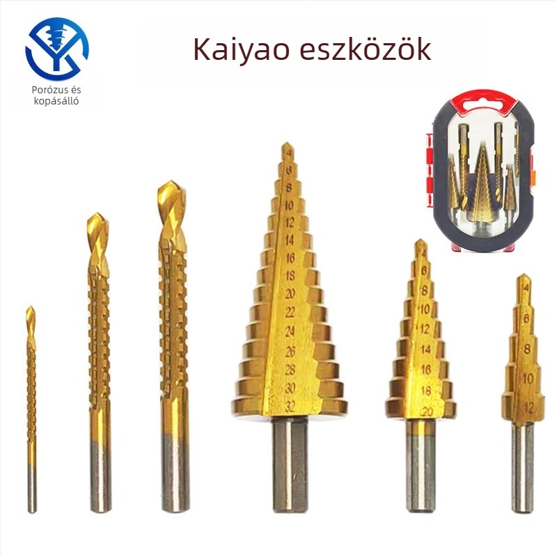 Kaiyao titánbevonatú csapágyacélból készült fúrókészlet, háromszög alakú fogantyú, egyenes barázda, recés lépcsős fúrók, 6 darab műanyag dobozban