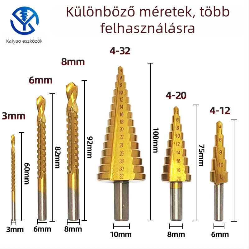 Kaiyao titánbevonatú csapágyacélból készült fúrókészlet, háromszög alakú fogantyú, egyenes barázda, recés lépcsős fúrók, 6 darab műanyag dobozban