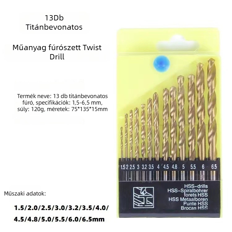 13 darab titánium bevonatú spirálfúró készlet, kör alakú markolattal, teljesen polírozott.