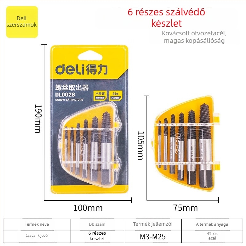 Tört huzal- és csavarkivonó – belső menet javításához és vízvezeték-szereléshez. Márka: Deli