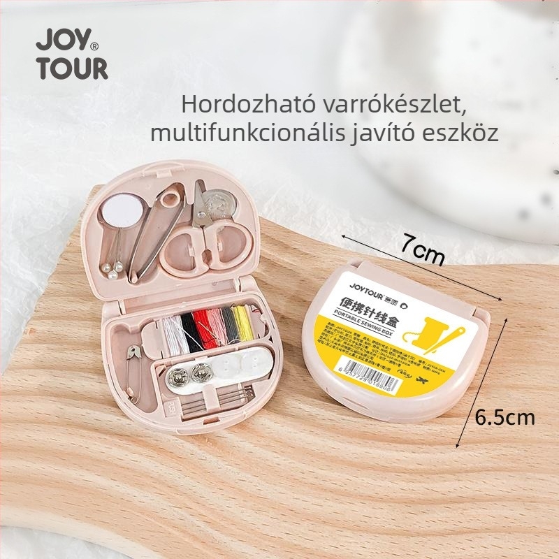 Hordozható varrókészlet dobozban: mini olló, kézi varrótűk, több színű cérnák és varróeszközök