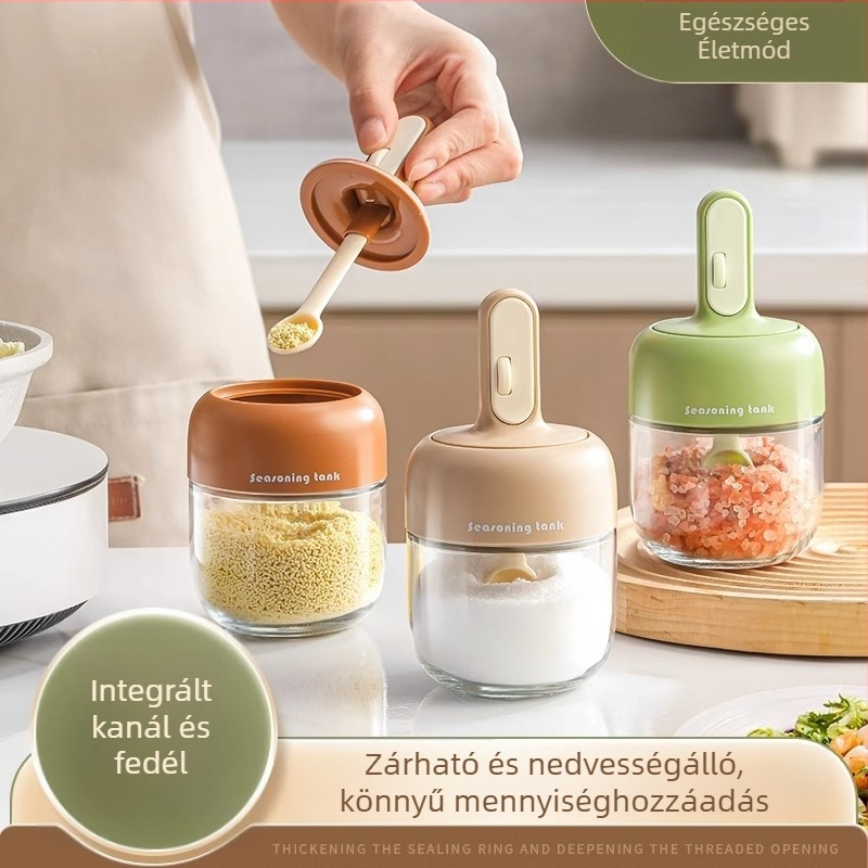 Teleszkópos fűszertartó integrált kanállal, üveg zárókészlettel sóhoz és fűszerekhez