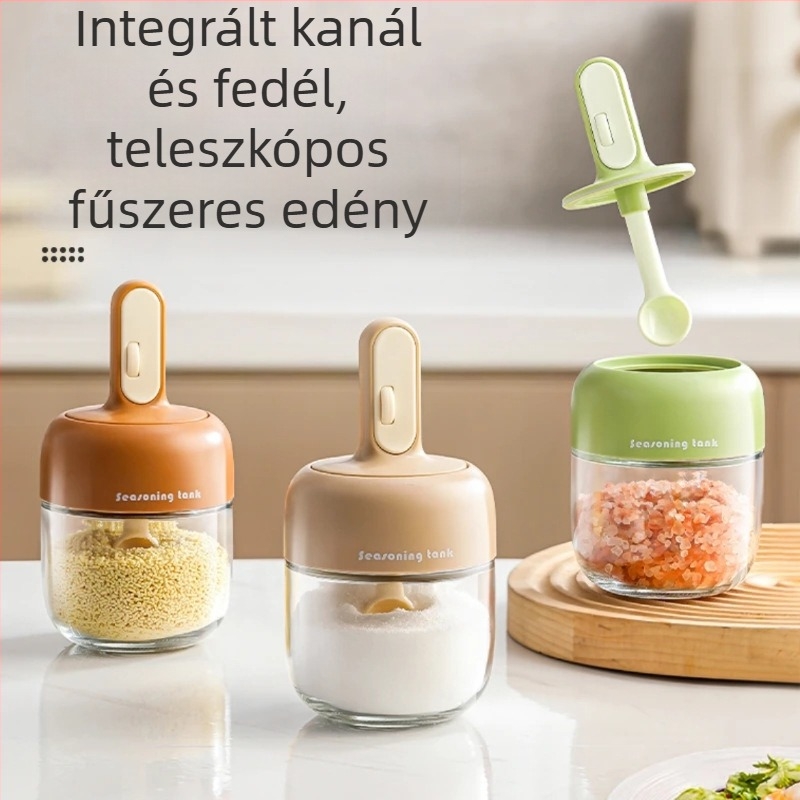 Teleszkópos fűszertartó integrált kanállal, üveg zárókészlettel sóhoz és fűszerekhez