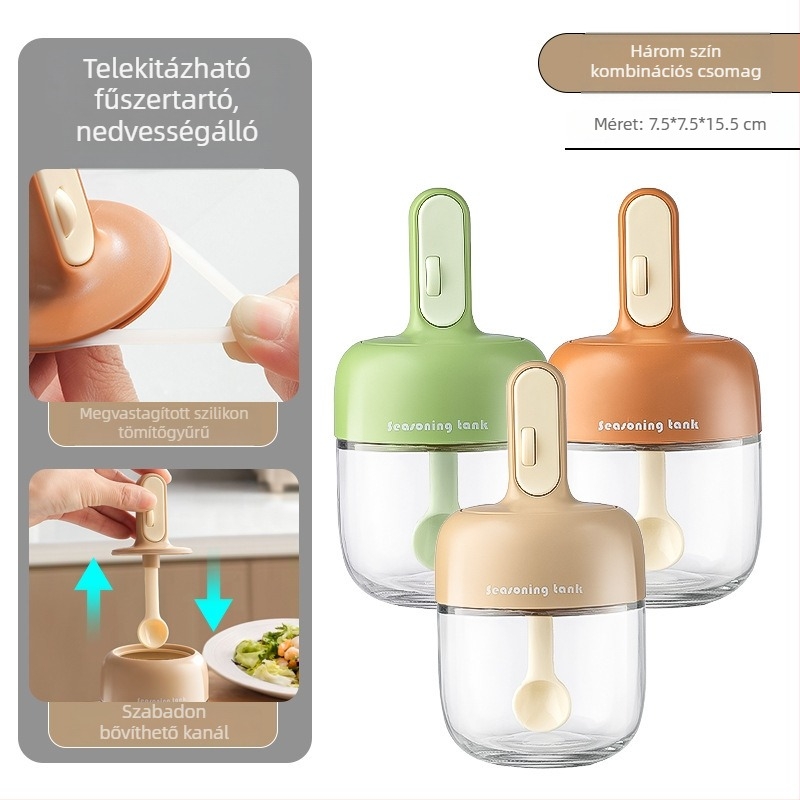 Teleszkópos fűszertartó integrált kanállal, üveg zárókészlettel sóhoz és fűszerekhez